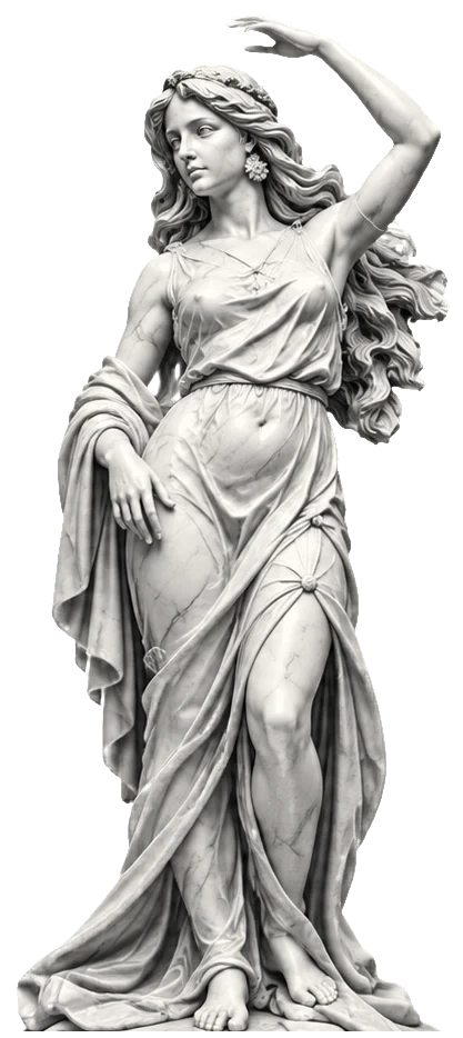 Statua in marmo di una dea con il braccio alzato
