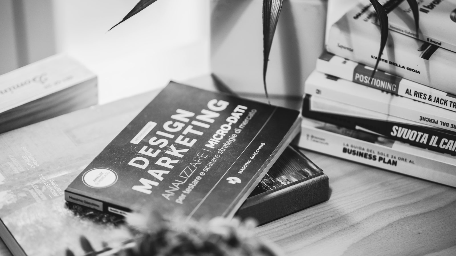 Libri di marketing, posizionamento e business plan sulla scrivania di Tiziana Scano.